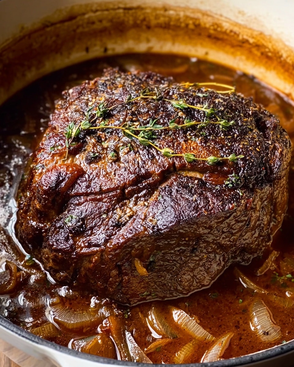 The image shows a thick, dark brown roast with a deeply seared crust sitting in a pot filled with rich, golden-brown broth that has visible pieces of soft onions and herbs floating in it. The roast is textured with a slightly rough, crispy top layer and juicy sides that have absorbed the broth. The pot is white with an aged look, and the whole scene is set on a white marbled surface. The lighting highlights the moistness of the meat and the glistening broth around it. photo taken with an iphone --ar 4:5 --v 7