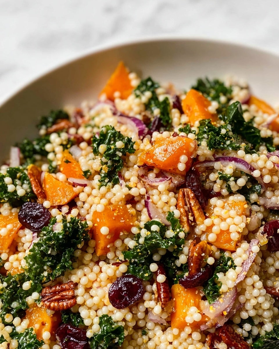 A close-up view of a mixed salad in a shallow white bowl showing four main layers: a base of small round pasta pearls with a pale creamy color, scattered throughout with orange roasted squash pieces, fresh dark green kale leaves, thin curved slices of purple-red onions, and small dark red dried cranberries. The dish also includes some brown toasted pecans adding texture. The salad has a glossy look from a light dressing and is placed on a white marbled surface. photo taken with an iphone --ar 4:5 --v 7