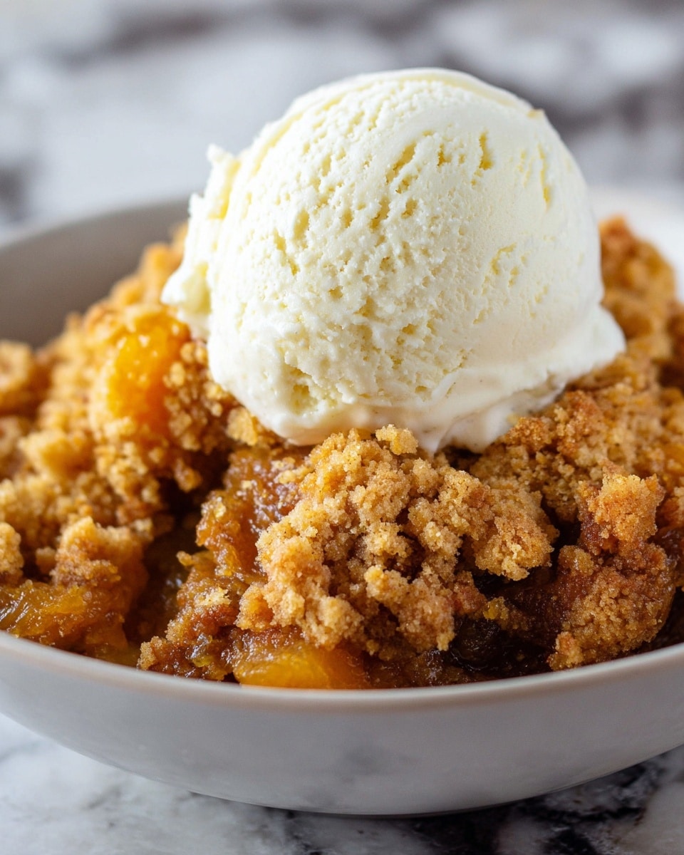 The image shows a dessert with two main layers, placed in a white bowl. The bottom layer is a crumbly, textured pumpkin mixture with warm orange and brown tones, giving a moist yet grainy look. On top of this layer is a scoop of creamy vanilla ice cream, smooth with visible tiny black vanilla specks and a soft, rounded shape sitting neatly on the pumpkin base. The bowl rests on a white marbled surface, adding a clean and bright background to the warm colors of the dessert. photo taken with an iphone --ar 4:5 --v 7