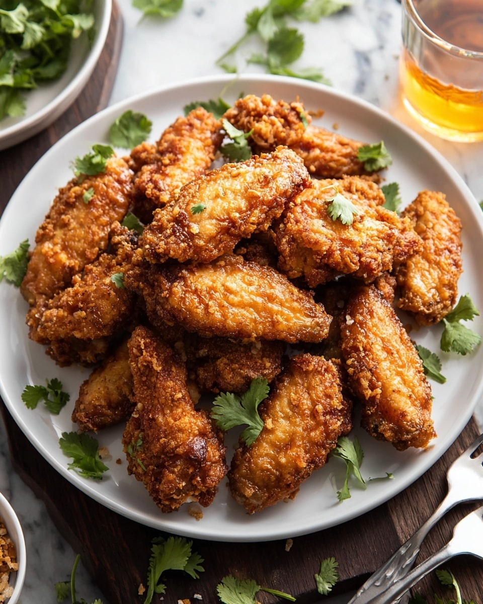 A white plate holds a pile of crispy fried chicken pieces, about two layers deep, with a golden brown crunchy texture all over. The chicken is arranged casually, with bright green cilantro leaves scattered around and under the pieces for color contrast. The plate sits on a round wooden board, all set on a white marbled surface, with a glass of light brown drink in the background on the right side and a silver fork nearby. Photo taken with an iphone --ar 4:5 --v 7