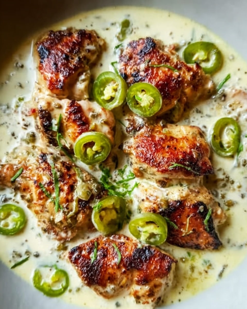 Pieces of golden brown grilled chicken are placed in a white bowl filled with creamy white sauce. The sauce has small green slices of olives scattered throughout, adding texture and color contrast. The chicken pieces show some grill marks and have a slightly crispy skin that contrasts with the smooth sauce underneath. The bowl sits on a white marbled surface, highlighting the warm colors of the dish. photo taken with an iphone --ar 4:5 --v 7