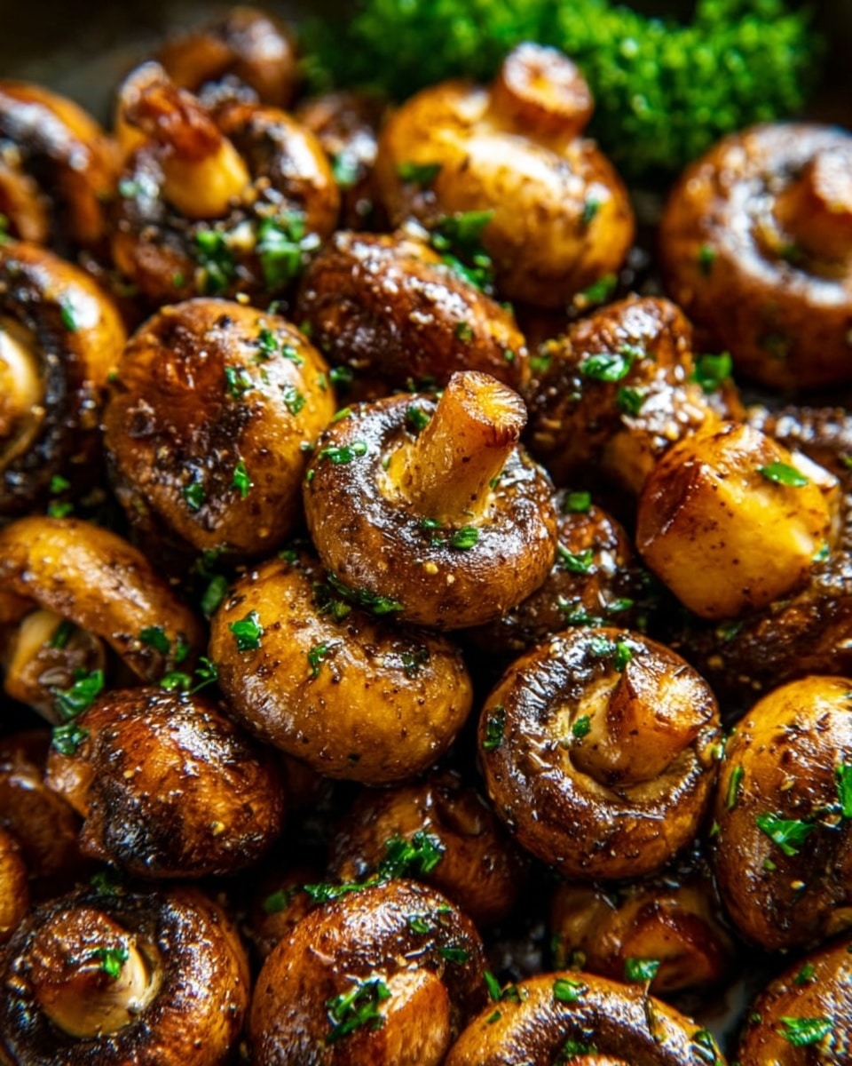 The image shows a close-up of cooked mushrooms piled together, each mushroom glistening with a shiny, golden-brown color from being sautéed. The mushrooms have a slightly wrinkled texture with some darker edges, showing they are well-cooked. Sprinkled all over are small, fresh green herb pieces, adding contrast to the brown mushrooms. The background features a blurred green garnish, likely parsley, enhancing the fresh look of the dish. The overall view focuses tightly on the mushrooms, highlighting their juicy and tender appearance. Photo taken with an iphone --ar 4:5 --v 7