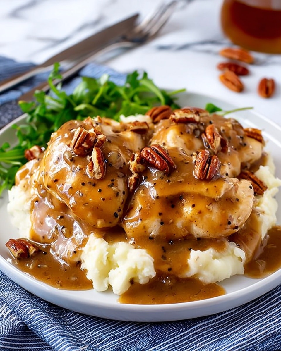 A white plate contains a base layer of soft, creamy mashed potatoes with a pale yellow color and smooth texture. On top, there are three pieces of golden-brown fried chicken covered generously in a shiny, thick brown gravy with visible black pepper flakes. Chopped pecans are scattered on the chicken and gravy, adding a crunchy texture. In the background, there is a small pile of fresh green spinach leaves. The scene is set on a white marbled surface, with a silver fork resting next to the plate. photo taken with an iphone --ar 4:5 --v 7