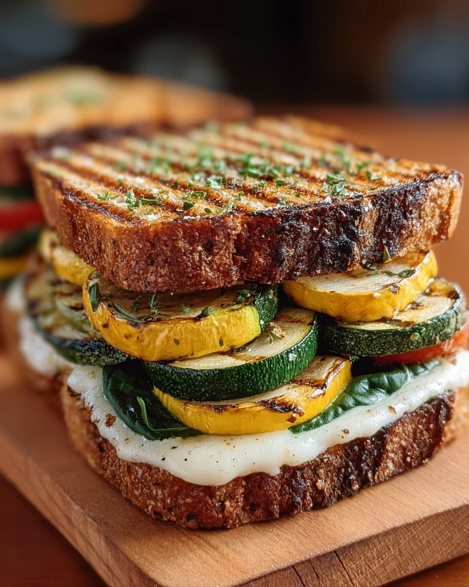 The image shows a thick sandwich with three visible layers. The top layer is golden brown toasted bread with dark grill marks and small green herb pieces sprinkled on top. The middle layer has yellow and green grilled vegetable slices, including yellow squash and zucchini, with a slightly charred texture. The bottom layer is white melted cheese spread evenly on a slice of toasted bread with a similar golden brown crust and grainy texture. The sandwich rests on a wooden surface with a blurred background showing a second sandwich. The overall look is warm and fresh with a focus on grilled textures and natural colors. Photo taken with an iphone --ar 4:5 --v 7