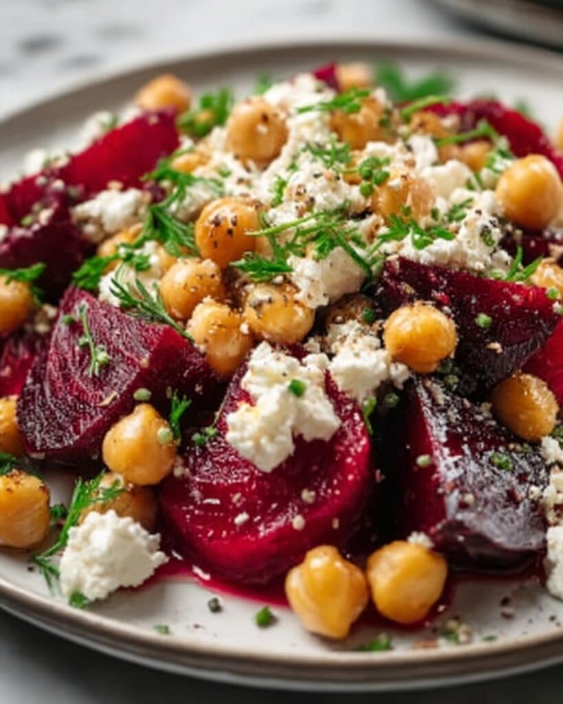 Chickpea, Beet & Feta Salad with Lemon-Garlic Vinaigrette Recipe