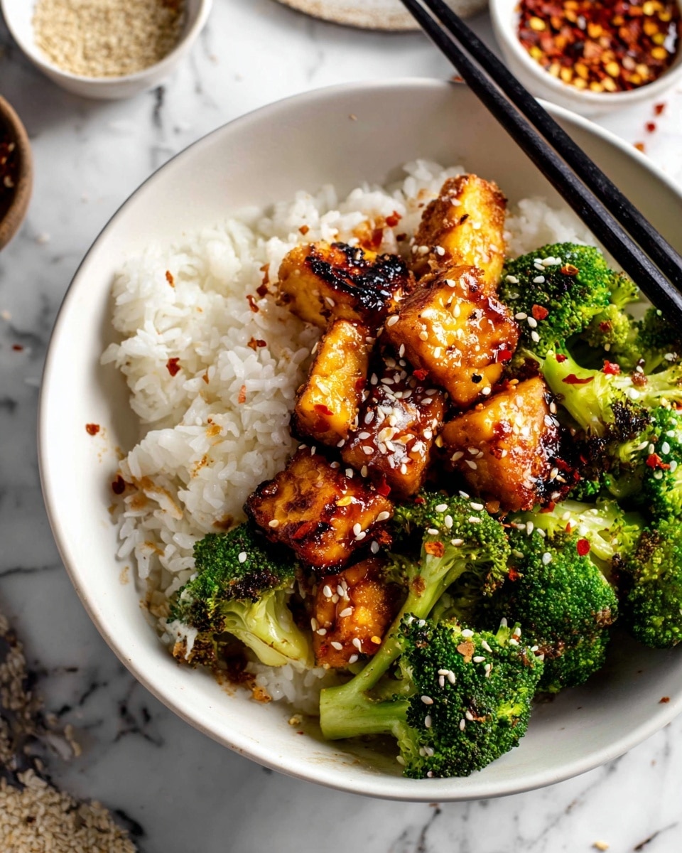 A white bowl holds a bed of fluffy white rice as the base layer. On top of the rice is a layer of bright green broccoli florets, visible on the right side and partly under the main layer. The top layer consists of golden-brown, glazed tofu cubes with a slightly charred texture, sprinkled with white sesame seeds and red chili flakes. Black chopsticks rest on the lower left edge of the bowl, and the bowl is set on a white marbled surface with small bowls of sesame seeds and chili flakes blurred in the background. photo taken with an iphone --ar 4:5 --v 7