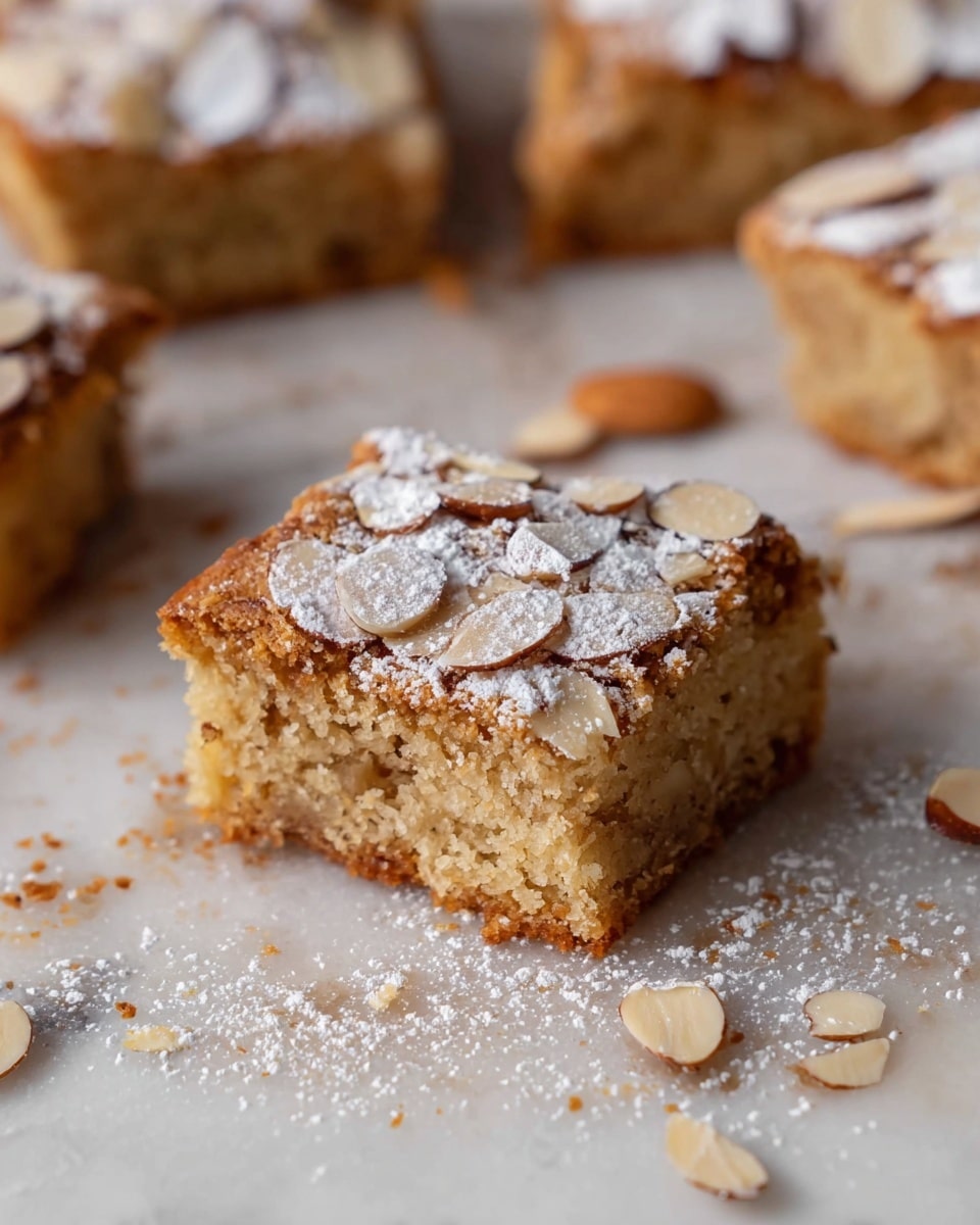 The image shows a single square piece of light brown cake with a soft and crumbly texture, topped with sliced almonds and a light dusting of white powdered sugar. The cake has a slightly rough surface with visible small nut pieces inside, and a bite is taken out of the front side, revealing the moist interior. Around the cake piece, there are scattered almond slices and crumbs on a white marbled surface. In the background, several more pieces of the same cake are slightly out of focus. photo taken with an iphone --ar 4:5 --v 7