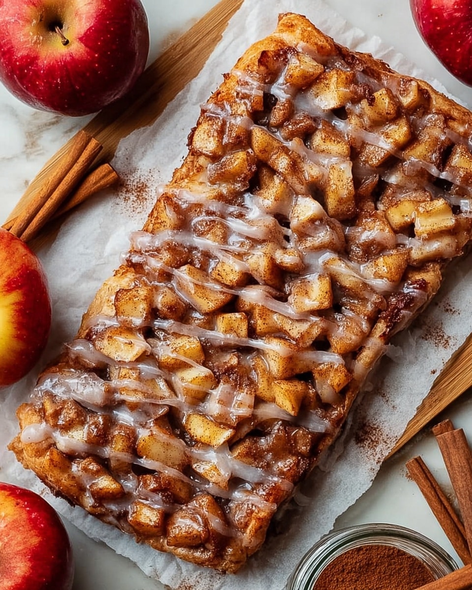 A thick, rectangular cinnamon roll is covered in shiny melted white icing and studded with many small brown apple pieces that create a textured surface; it sits on a white marbled board. To the top left is a cut apple showing its pale cream inside, while whole red apples sit around the board, adding a fresh colorful touch. A small glass container filled with ground cinnamon powder rests to the right. The background is a rustic wooden table with scattered cinnamon powder. Photo taken with an iphone --ar 4:5 --v 7