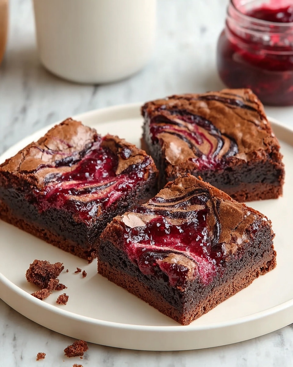 Three square brownie pieces with cracked, glossy, dark brown tops are arranged closely on a white round plate. Each brownie shows swirls of deep red and purple jam mixed into the top layer, creating a marbled pattern. The brownies rest on a white marbled texture surface, with some crumbs scattered nearby. In the background, part of a white cup and a jar filled with red jam are visible, but slightly out of focus. photo taken with an iphone --ar 4:5 --v 7