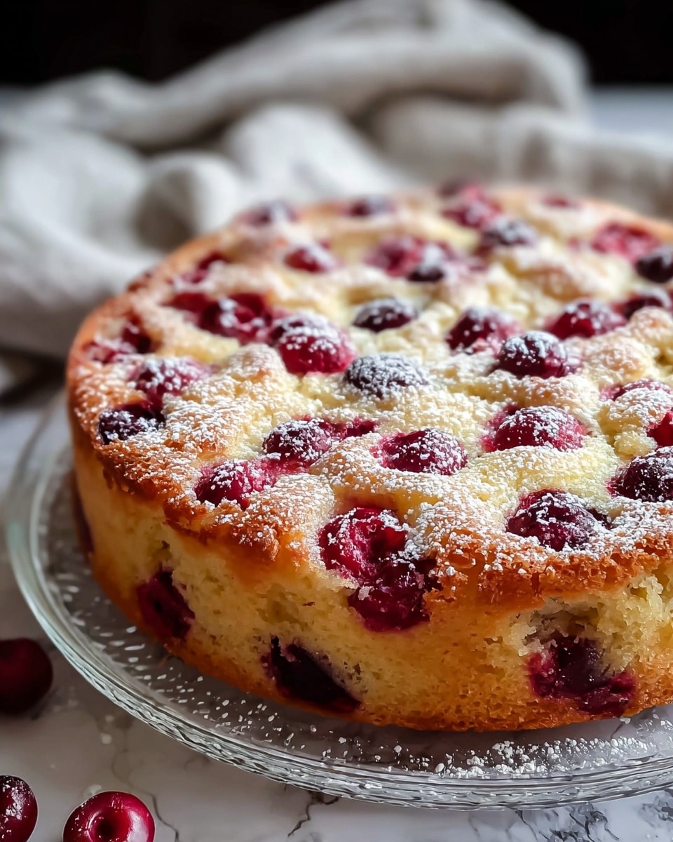 A single-layer round cherry cake sits on a clear textured glass plate, placed on a white marbled surface. The cake is golden-brown with a soft and slightly crumbly texture, studded with whole red cherries spreading evenly across the top. The cherries are glossy and juicy, contrasting with the matte cake. A light dusting of powdered sugar covers the top, adding a delicate white speckled detail over the golden cake and red cherries. Photo taken with an iphone --ar 4:5 --v 7