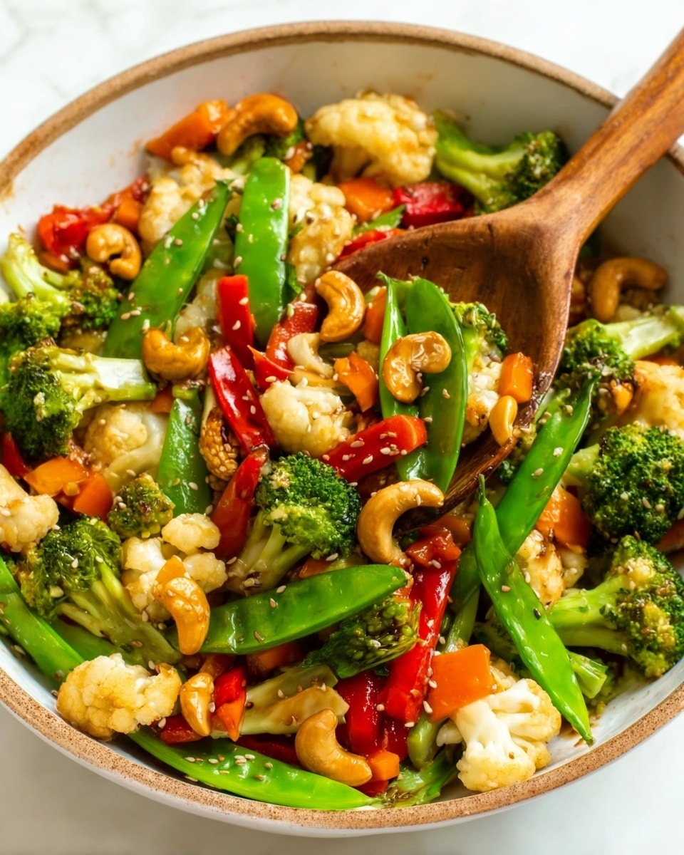 A close-up view of a colorful stir-fry dish in a white pan, filled with bright green snap peas and broccoli florets, vibrant red bell pepper pieces, light golden cashews, and tender light brown chicken chunks, all mixed together with a shiny sauce. A wooden spoon is scooping from the right side, held by a woman's hand, showing the fresh and tasty mix of vegetables and nuts. The background features a white marbled surface. Photo taken with an iphone --ar 4:5 --v 7