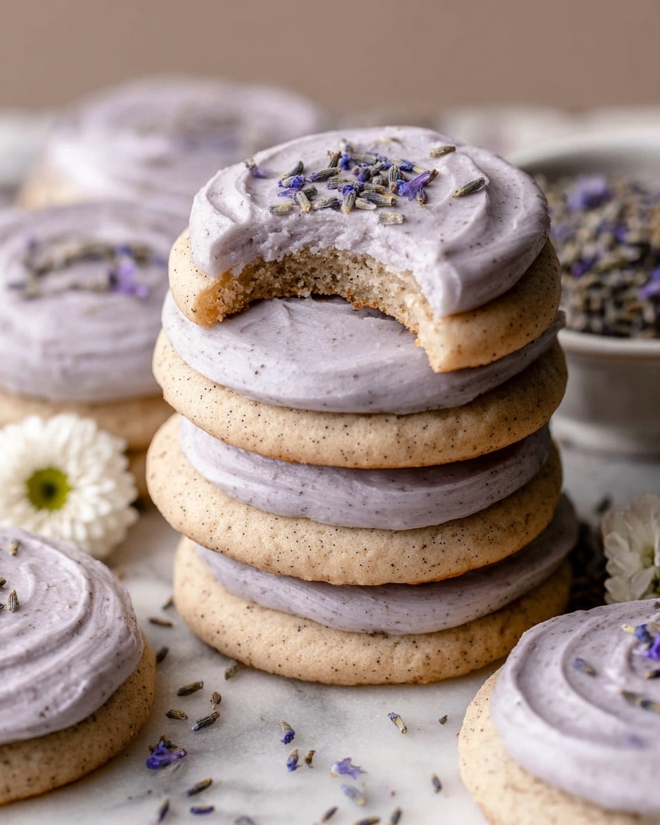 The image shows a close-up of a stack of three thick, round cookies with a light brown color speckled with tiny dark bits, each layered with smooth, light purple frosting. The top cookie has a bite taken out of it, revealing a soft, crumbly texture inside. The frosting on top is swirled and sprinkled with small dark flakes and tiny purple flower petals. Around the stack, more cookies are scattered, all with the same frosting and garnishes, resting on a white marbled surface with small white flowers and a white bowl filled with dark tea leaves and lavender flowers in the background. photo taken with an iphone --ar 4:5 --v 7