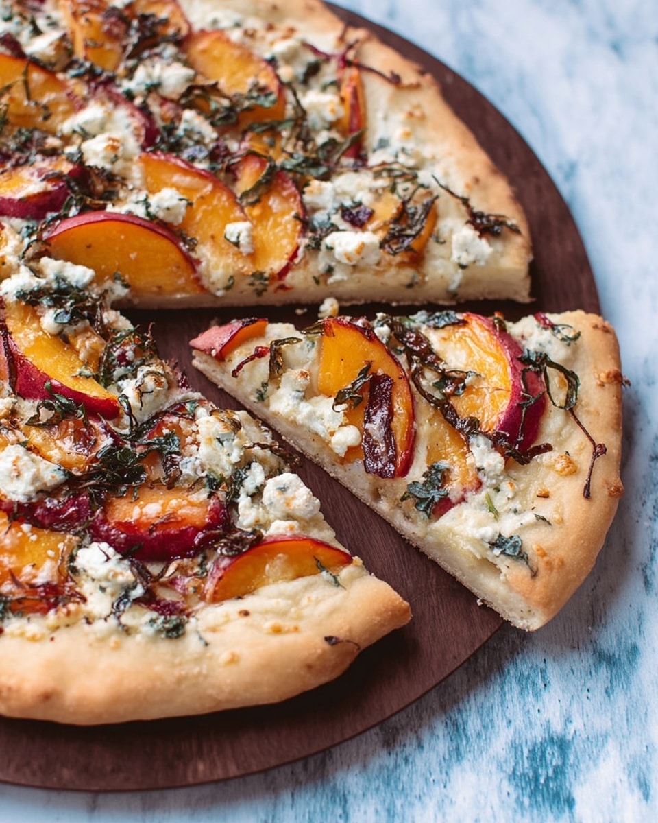 A fresh pizza cut into slices is shown on a dark wooden board against a white marbled background. The pizza has a pale golden crust that is thick and slightly airy. The first layer is a white creamy cheese spread, topped with carrot-orange and deep red slices of fruit or vegetable arranged evenly across its surface. Scattered over these are small crumbles of white cheese with a soft texture. Thin, dark green leaves, possibly herbs, are spread throughout the top layer, adding a textured and fresh look. The pizza surface has some browned, bubbly cheese spots, indicating it was baked. Photo taken with an iphone --ar 4:5 --v 7