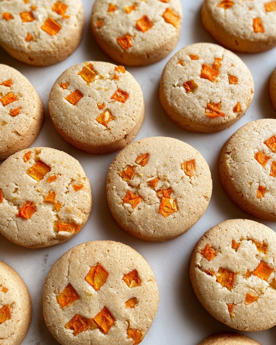 This image shows a close-up view of many round cookies arranged in neat rows on a white marbled surface. Each cookie is light golden brown in color with a slightly rough texture and small cracks on the surface. Scattered on top of each cookie are small bright orange pieces embedded into the dough, adding a pop of color. The cookies are mostly uniform in size and shape, with a thickness that suggests a soft interior. One cookie near the center is cracked open slightly, revealing a similar textured inside. The overall look is warm, simple, and inviting. photo taken with an iphone --ar 4:5 --v 7