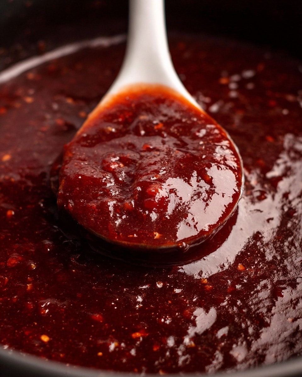 A close-up view of a thick, dark red sauce with a chunky texture, showing small bits and a glossy surface. A smooth white spoon is scooping up the rich sauce, which looks dense and slightly oily, with some small bubbles and seeds visible in the mixture. The background is blurred but appears to be the same deep red sauce, contained in a pot or bowl with dark, muted edges. The whole scene is set on a white marbled surface. photo taken with an iphone --ar 4:5 --v 7