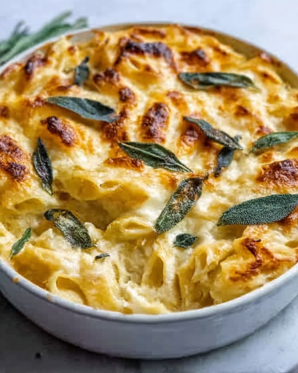 A round white ceramic dish filled with baked pasta layered with golden-brown melted cheese on top, scattered fresh sage leaves resting on the surface, and visible pasta pieces coated with a creamy, slightly browned sauce. The texture of the cheese is bubbly and crisp around the edges, with soft, saucy pasta beneath. The photo is taken from above against a white marbled background. Photo taken with an iphone --ar 4:5 --v 7