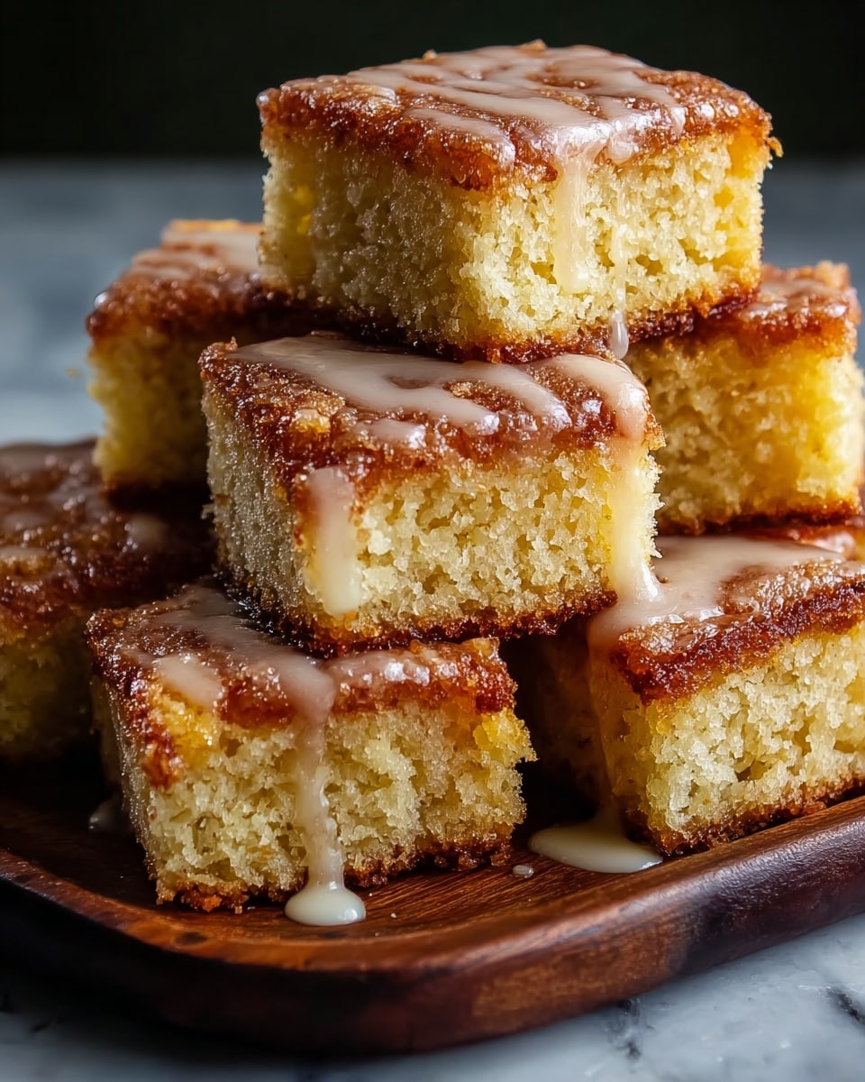 The image shows a stack of six square cake pieces arranged on a wooden board with three on the bottom layer, two in the middle, and one on top. Each cake piece has two layers: a thick, golden-brown crispy top with a shiny glaze drizzled over it, creating a slightly sticky and moist appearance, and a light, fluffy, pale yellow interior that looks soft and airy. The glaze drips slightly down the sides of the cake pieces, adding a smooth, creamy texture. The background is a white marbled surface. photo taken with an iphone --ar 4:5 --v 7