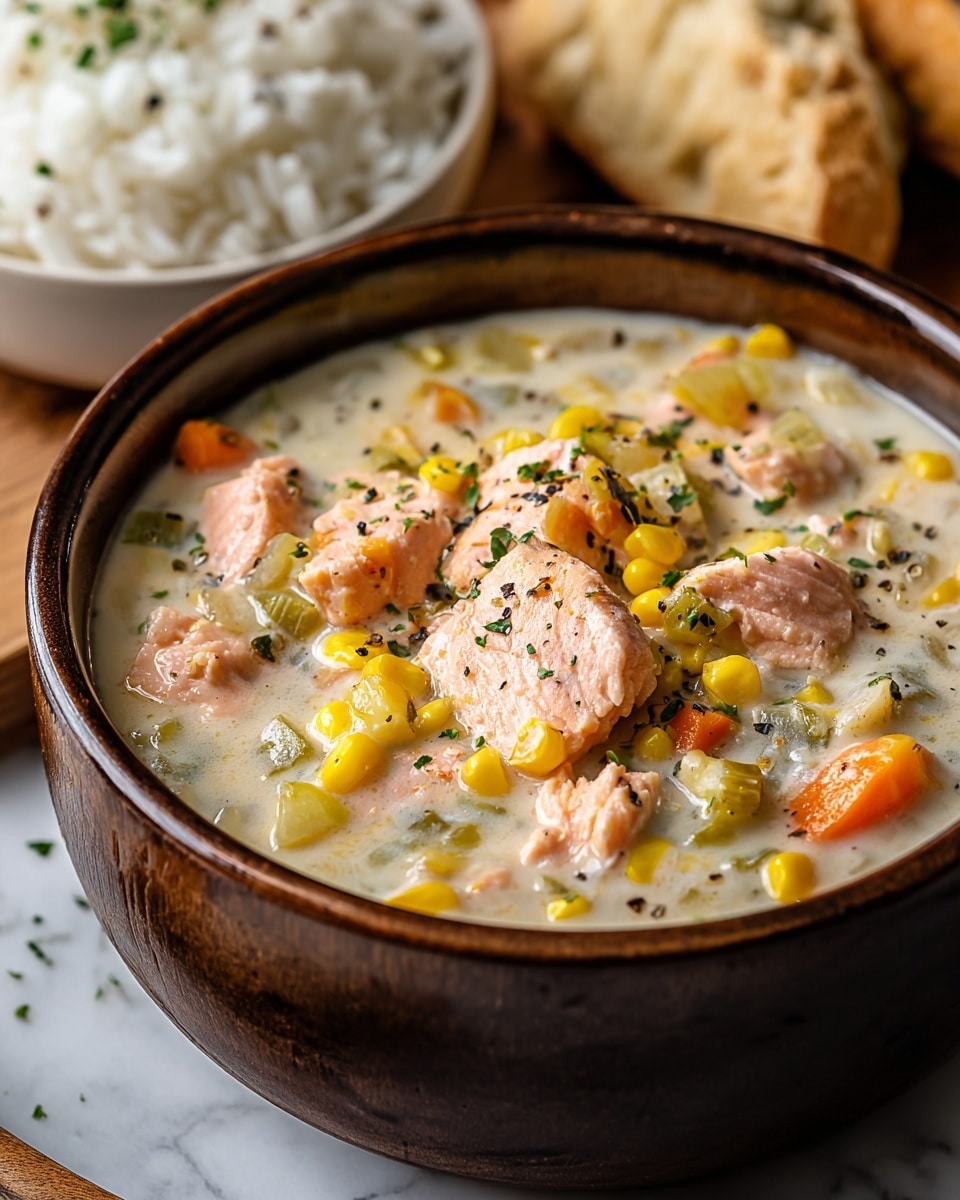 A brown bowl filled with a creamy soup that has large pink pieces of salmon, bright yellow corn kernels, small diced orange carrots, and translucent light green celery pieces, all sprinkled with small green herb leaves and black pepper flakes. The soup appears thick with a smooth creamy off-white base, held on a wooden board against a white marbled texture background, with blurred bread and greenery in the back. photo taken with an iphone --ar 4:5 --v 7