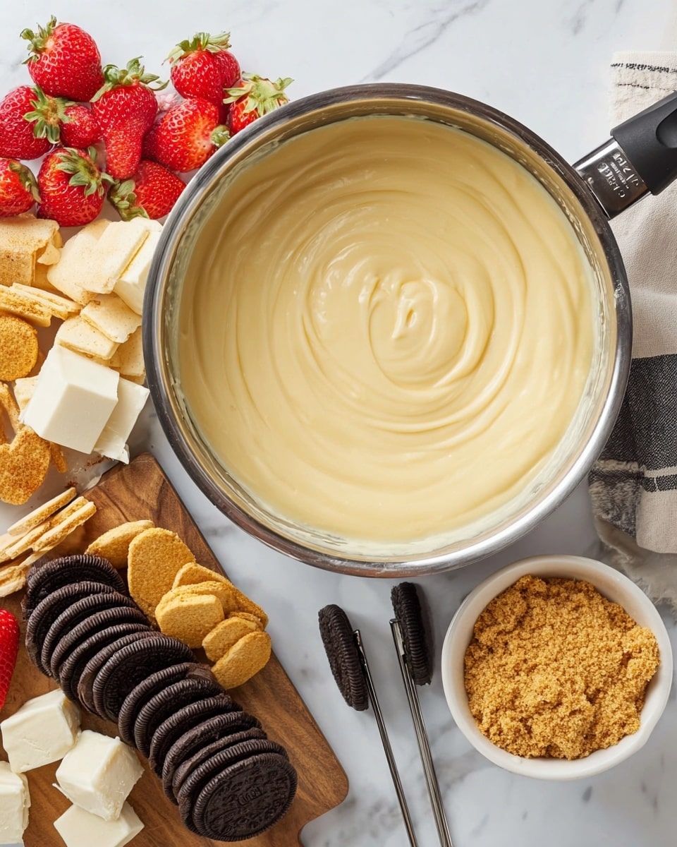 The image shows a large round pan filled with smooth, creamy, light beige batter with gentle swirl marks on top. To the right of the pan, there is a white bowl full of finely crushed golden brown crumbs. Next to the bowl is a wooden board on a white marbled surface, holding neatly arranged fresh red strawberries, small golden brown vanilla wafer cookies, light yellow cake cubes with golden tops, dark chocolate sandwich cookies, and a few pieces of what looks like crunchy cookie sticks. Two long skewers with black handles rest beside the board. Photo taken with an iphone --ar 4:5 --v 7