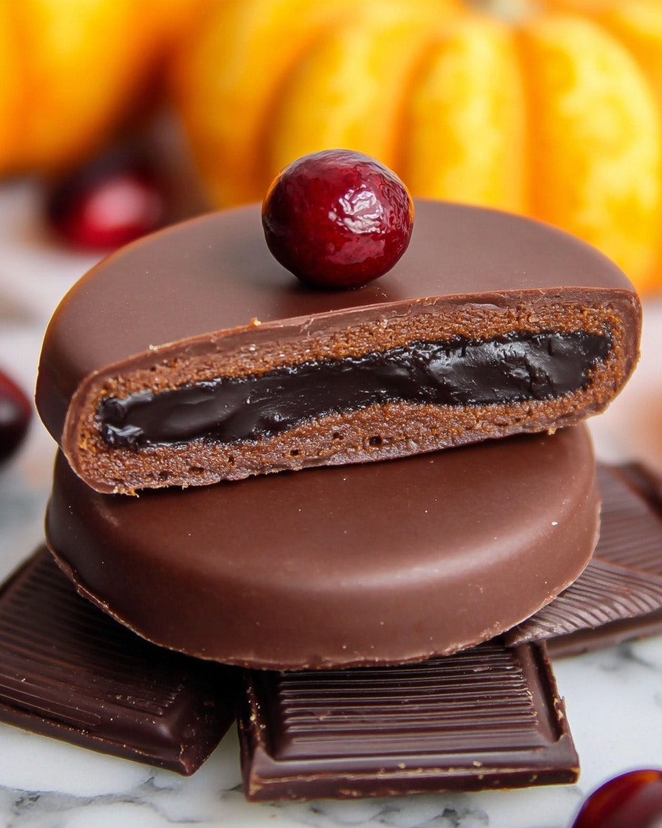 A close-up view of a circular chocolate-covered disk on a white marbled surface, with a stack of two pieces of the same disk placed on top. The top piece is cut in half, revealing two layers inside: a thin, smooth milk chocolate outer shell and a dense, dark, glossy filling. A bright red cranberry sits on the upper cut piece, adding a pop of color. The background shows blurred, round objects in warm autumn tones. photo taken with an iphone --ar 4:5 --v 7