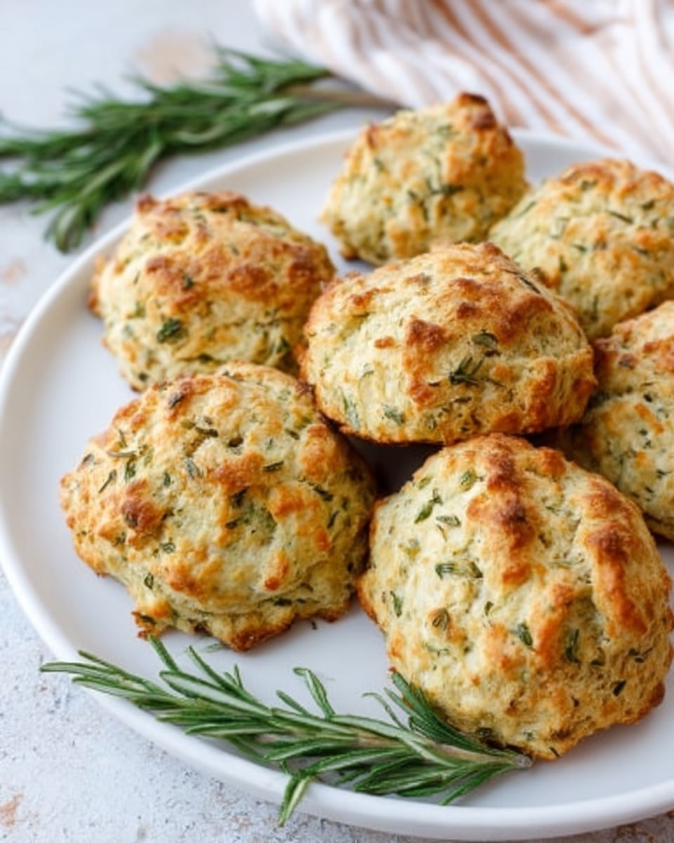 The image shows seven baked scones on a white plate, each scone round with a rough, uneven surface. The scones have a golden-brown color with green spots, likely from herbs mixed inside the dough. Behind the scones on the plate is a small bunch of fresh rosemary, adding a touch of deep green color to the scene. The plate sits on a white marbled surface, and a striped cloth with red and white lines is blurred in the background. The lighting is soft, highlighting the texture of the scones. Photo taken with an iphone --ar 4:5 --v 7