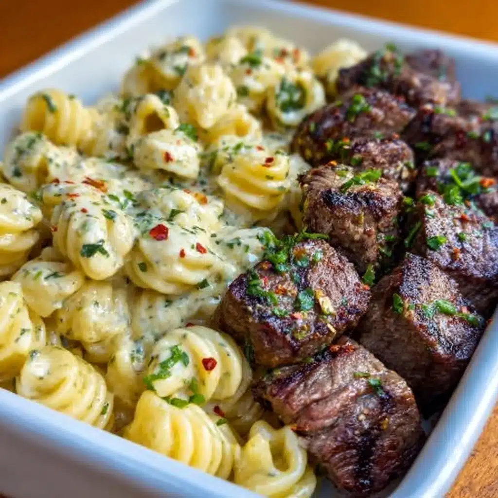 Steak Bites and Shell Pasta in Garlic Butter Alfredo Sauce Recipe