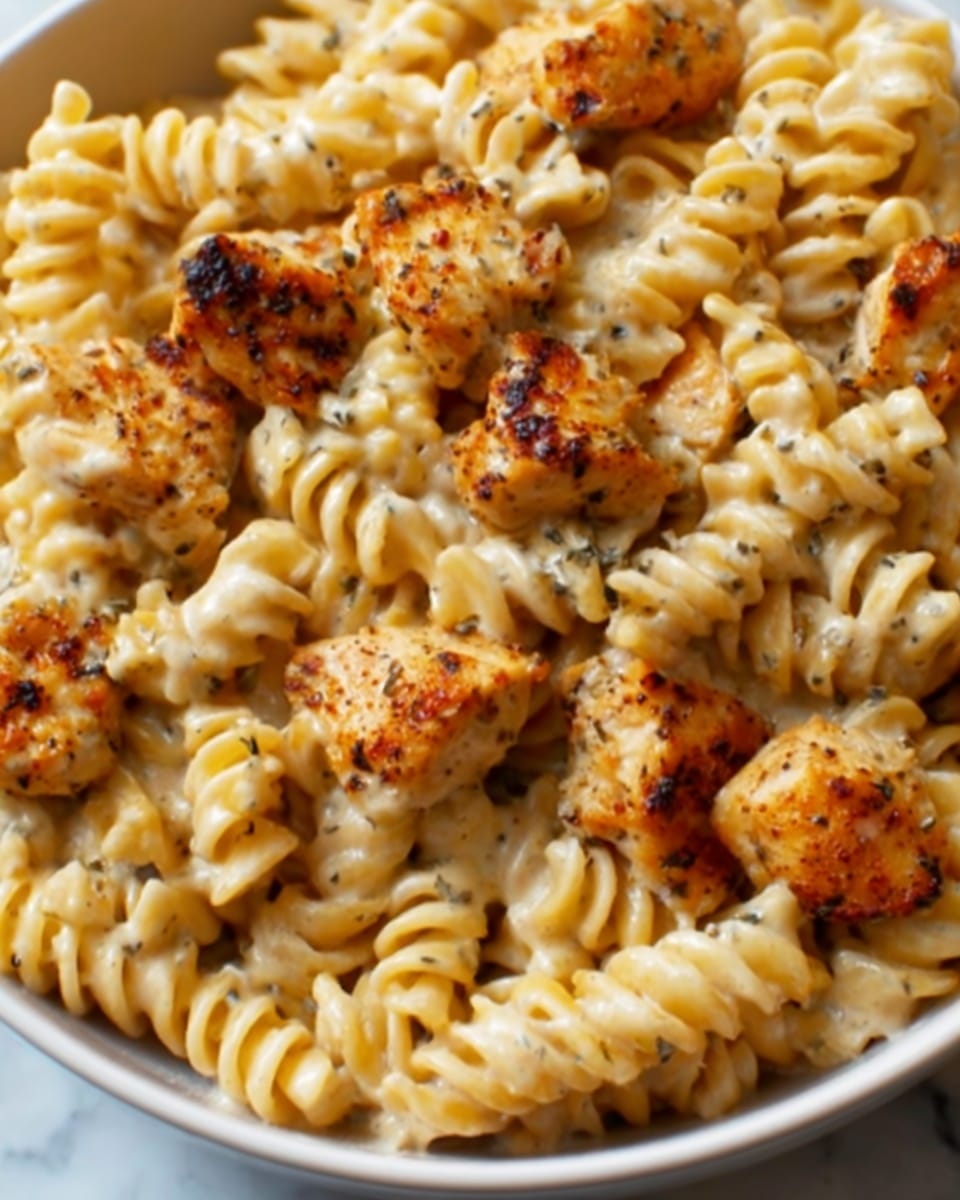 The image shows a close-up of a white bowl filled with creamy rotini pasta mixed with grilled chicken pieces. The pasta is a light yellow color with a smooth, creamy texture, while the chicken pieces are golden brown with a slightly crispy, seasoned surface, scattered evenly throughout the dish. The bowl sits on a white marbled surface. photo taken with an iphone --ar 4:5 --v 7