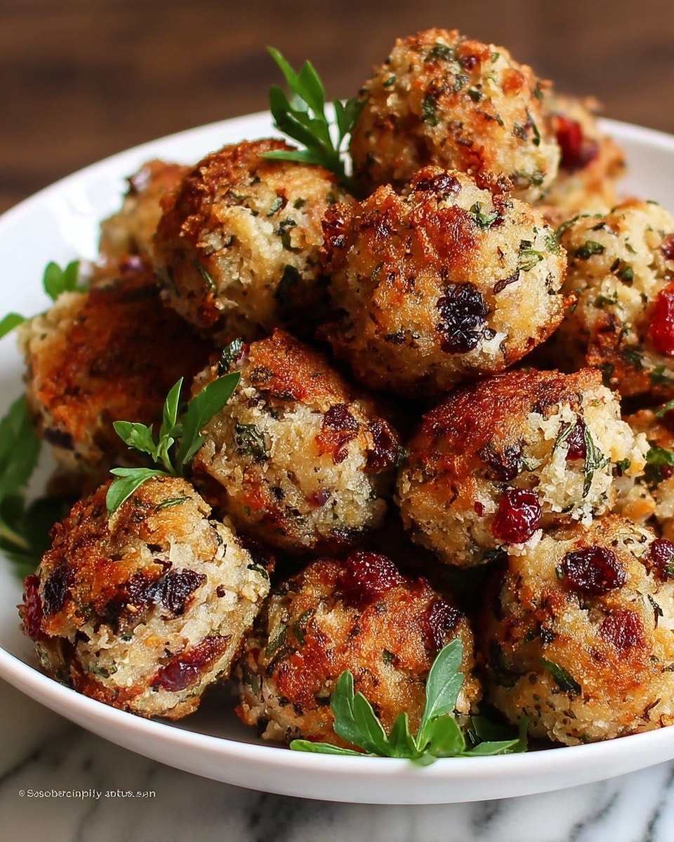 The image shows a close-up of a white bowl filled with round, golden-brown fried balls that have a coarse texture. Each ball has visible small bits of herbs in green, pieces of red berries, and darker colored chunks, giving a mix of colors and a rustic look. The balls are closely piled, with some fresh green herb leaves scattered on top and around them. The white bowl sits on a white marbled surface. photo taken with an iphone --ar 4:5 --v 7
