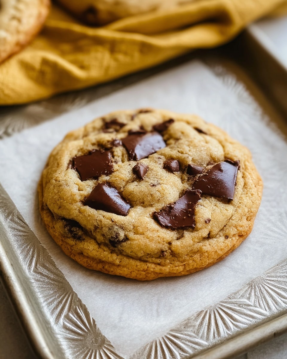 A freshly baked chocolate chip cookie sits on white parchment paper that lines a metal baking tray with a textured pattern. The cookie has a golden-brown color with slightly darker edges and a soft, bumpy surface. Large, melted chocolate chips are scattered across the top, some partially sunken into the dough, showing varied dark brown glossy textures that glisten. The background features a blurred golden-yellow folded fabric above the tray. The photo is taken with an iphone --ar 4:5 --v 7