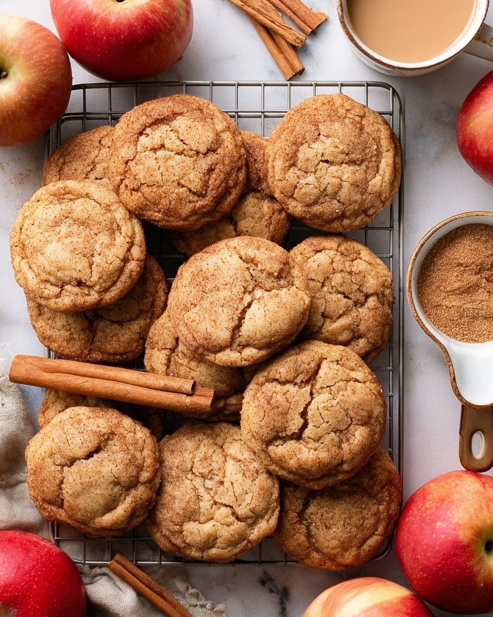 The image shows a group of light brown cinnamon sugar cookies with a cracked surface, arranged loosely on a wire cooling rack. There are cinnamon sticks resting among the cookies on the rack. Around the rack are metal measuring spoons filled with white sugar, cinnamon powder, and a bowl with more white cinnamon sugar mixture. Two whole red apples are placed near the cookies, one at the top right and one at the bottom right corner. The background is a white marbled texture. Photo taken with an iphone --ar 4:5 --v 7