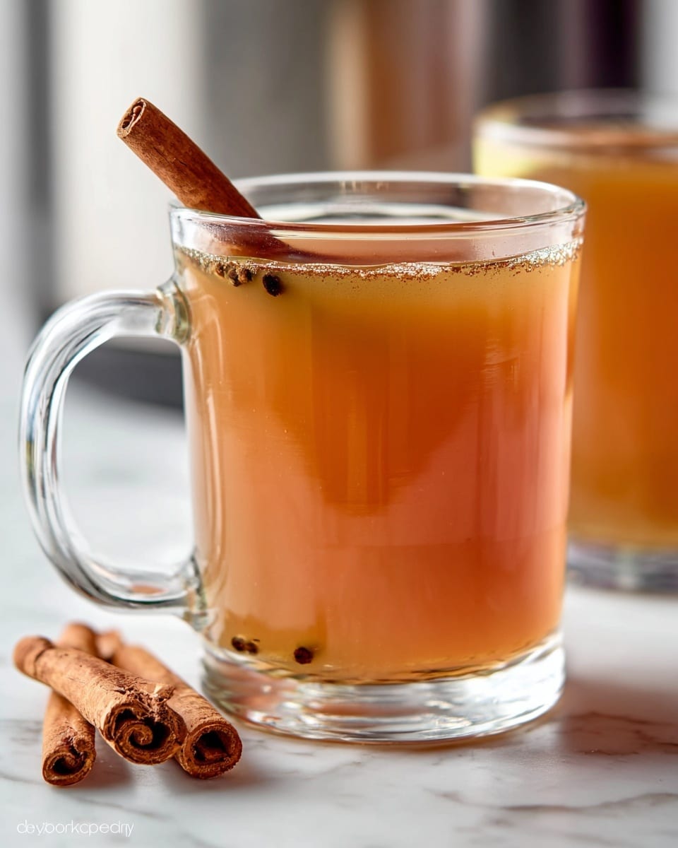 A clear glass mug filled with a warm, light brown liquid that looks smooth and slightly cloudy. Inside the mug, a long cinnamon stick is placed standing diagonally, partly submerged on the right side. A few small dark spices float near the top of the drink. The mug has a clear, round handle on the right side. Next to the base of the mug, there are two cinnamon sticks placed on a white marbled surface, along with a few dark cloves scattered around. The background is softly blurred, showing hints of another glass with a similar drink behind, and a white marbled texture surface below. photo taken with an iphone --ar 4:5 --v 7