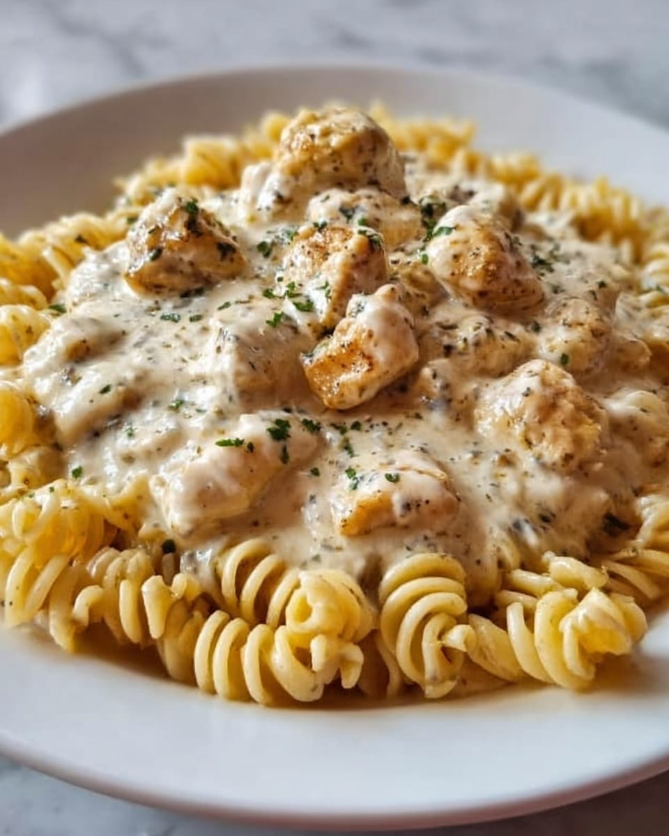 A close-up image of creamy pasta with fusilli noodles spread evenly across the bottom layer, showing off their twisted shape in a pale yellow color. Covering the noodles is a thick layer of white creamy sauce mixed with bite-sized pieces of juicy chicken, which are lightly browned and scattered throughout. The sauce has visible black pepper specks and small green herb bits sprinkled lightly on top, adding texture and color contrast. The dish is shown on a white plate placed on a white marbled surface. Photo taken with an iphone --ar 4:5 --v 7