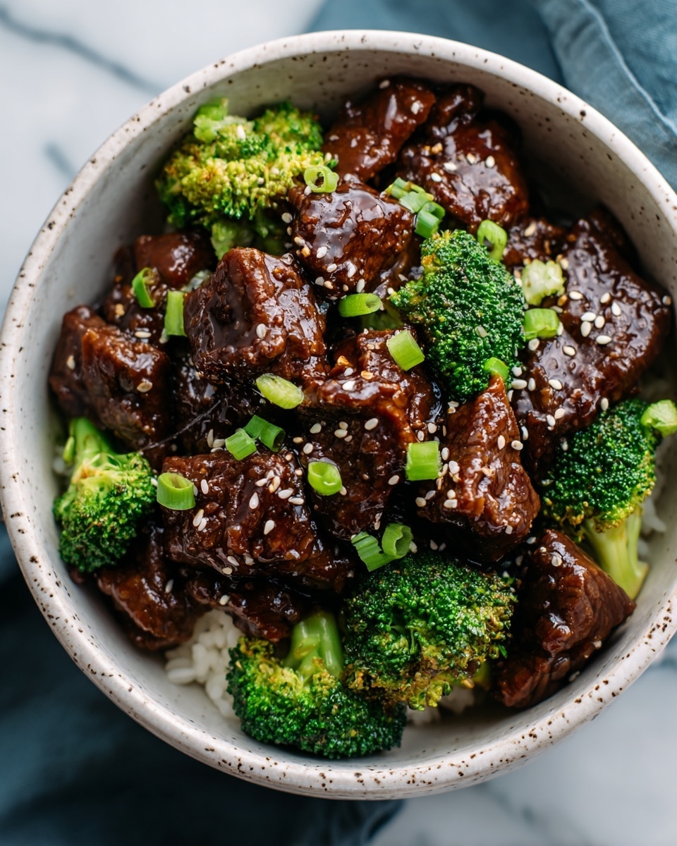 A bowl filled with dark brown glazed beef pieces, each covered in a shiny sauce and sprinkled with white sesame seeds, is mixed generously with bright green broccoli florets. Small bits of chopped green onions add a fresh touch on top. The bowl is white with a speckled pattern and placed on a white marbled surface with a folded blue cloth nearby. The beef and broccoli are layered closely together, creating a rich contrast of dark and bright green colors. photo taken with an iphone --ar 4:5 --v 7