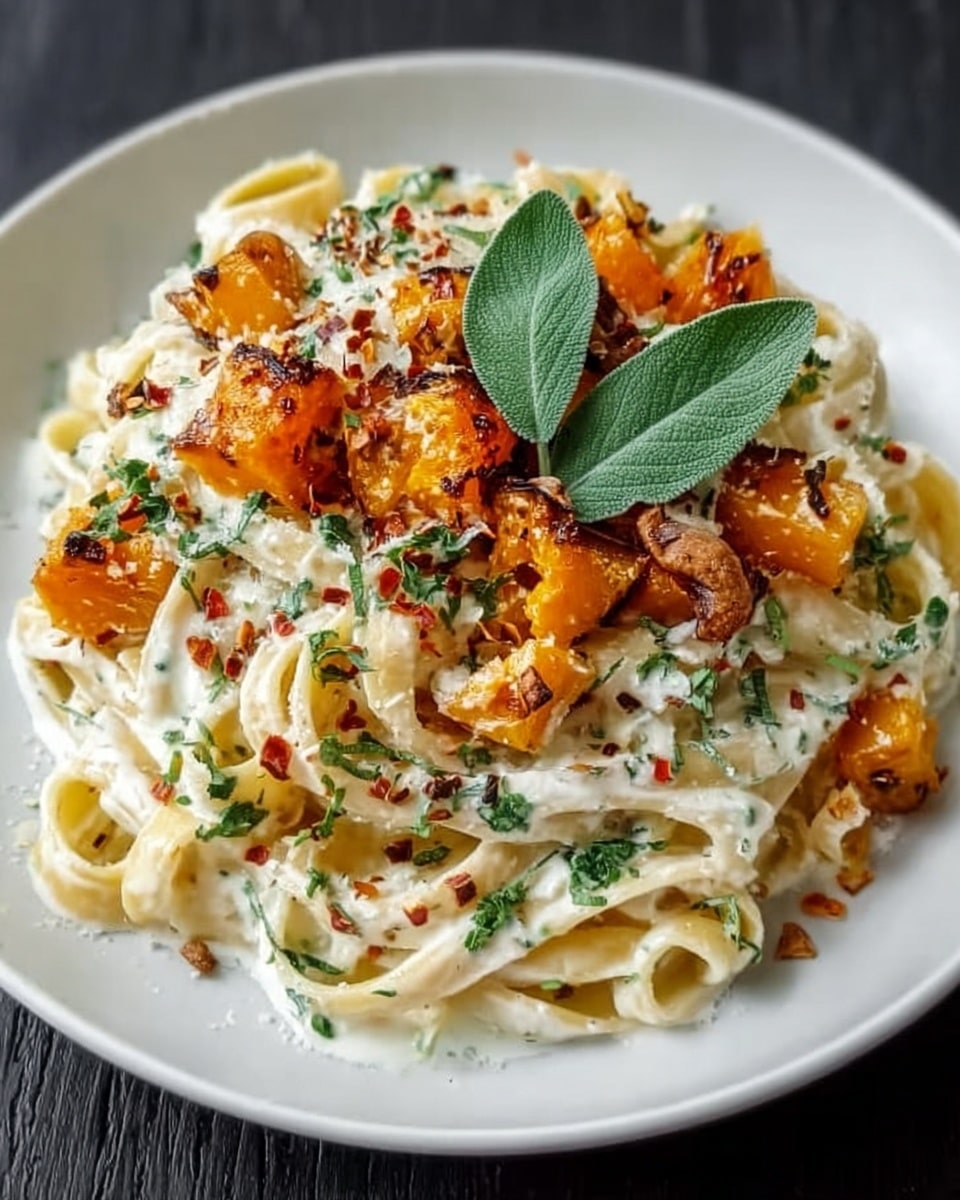A white plate holds a serving of fettuccine pasta layered with creamy white sauce, topped with small chunks of orange roasted squash that have a slightly crispy texture. The pasta is sprinkled with chopped green herbs and red chili flakes, adding color contrast. A fresh green sage leaf sits on top as a garnish. The plate rests on a white marbled surface. Photo taken with an iphone --ar 4:5 --v 7