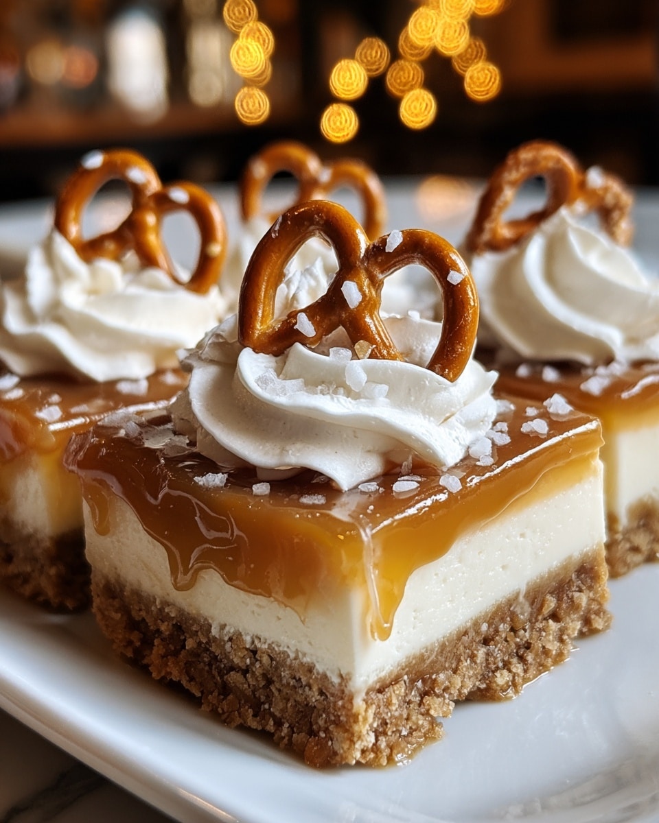The image shows a close-up of several dessert bars arranged on a white plate. Each bar has four layers: a crumbly brown crumb base at the bottom, a thick white creamy middle layer, a shiny golden caramel layer on top with some caramel dripping over the sides, and a swirl of white whipped cream on the very top. Each swirl of whipped cream is topped with a golden-brown pretzel covered in coarse salt crystals. The dessert is set on a white marbled surface with a softly blurred warm background. photo taken with an iphone --ar 4:5 --v 7