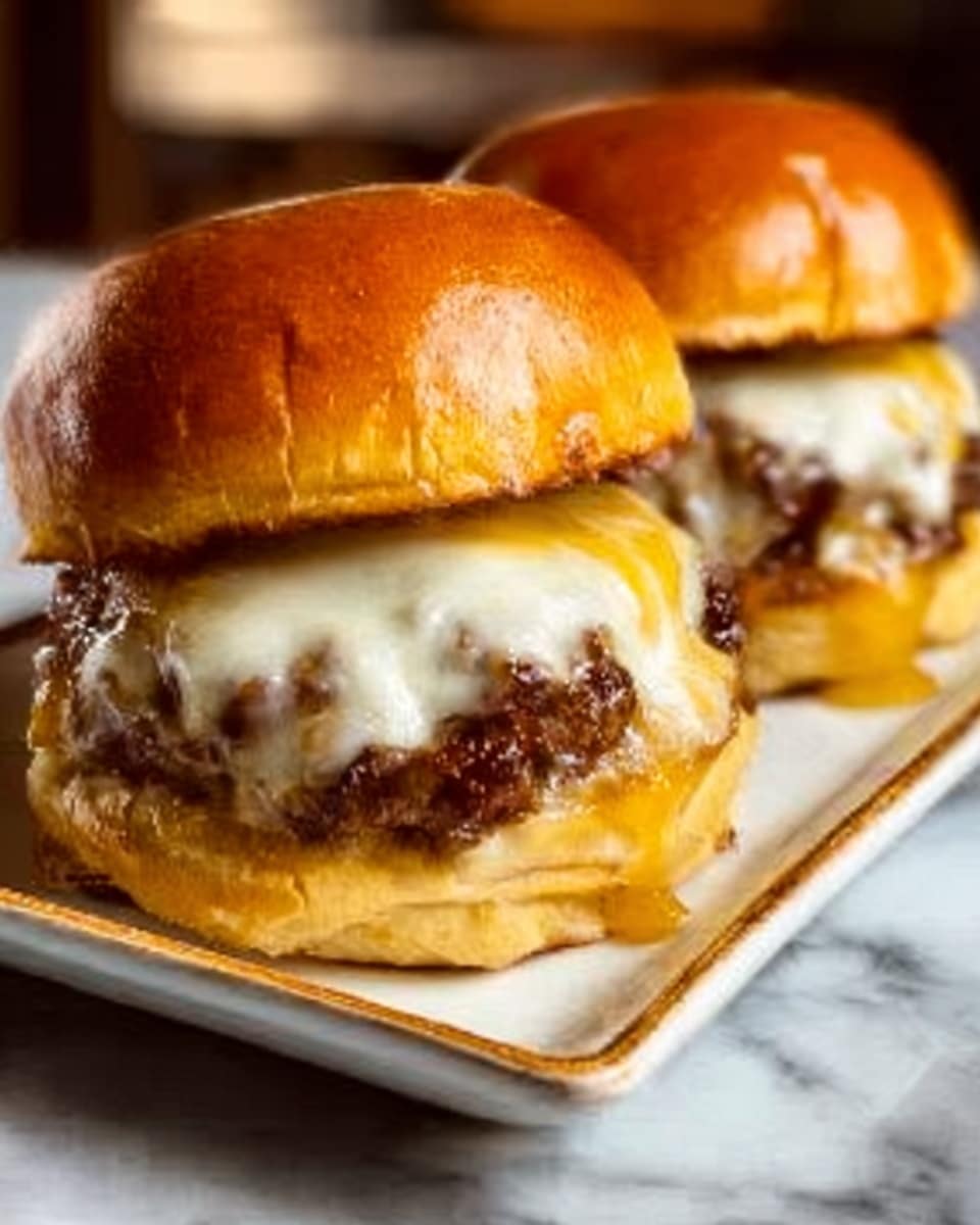 The image shows two cheeseburgers placed side by side on a rectangular white plate with a glossy finish. Each burger has a shiny, golden brown bun on top. Beneath the top bun, there is a layer of melted white and yellow cheese dripping down the sides of a thick, juicy beef patty that has a slightly charred texture. On the bottom is the lighter golden brown bottom bun. The plate sits on a white marbled surface, and in the background a woman’s hand is lightly touching one of the burgers. The photo taken with an iphone --ar 4:5 --v 7