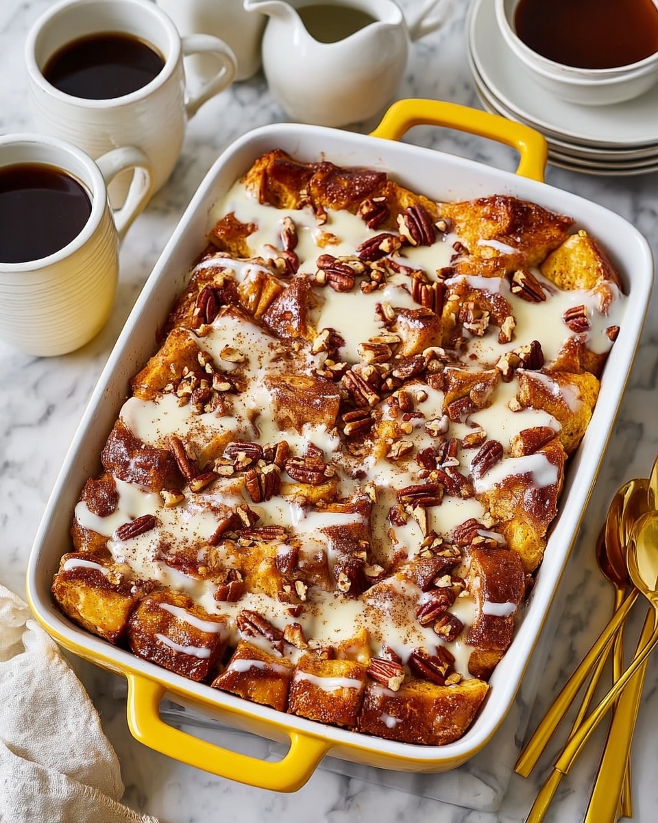 A white rectangular baking dish with yellow handles holds a baked bread pudding made of several puffed golden-brown layers of soft bread pieces, spread unevenly with visible cinnamon dusting that gives a warm brown color on top. The dish is generously sprinkled with whole and chopped pecans, adding a rough texture and deep brown color contrast, and drizzled with creamy white icing in irregular patches over the bread. The dish sits on a white marbled surface surrounded by white cups filled with black coffee and white small pitchers of cream, along with white plates stacked with gold utensils. Photo taken with an iphone --ar 4:5 --v 7