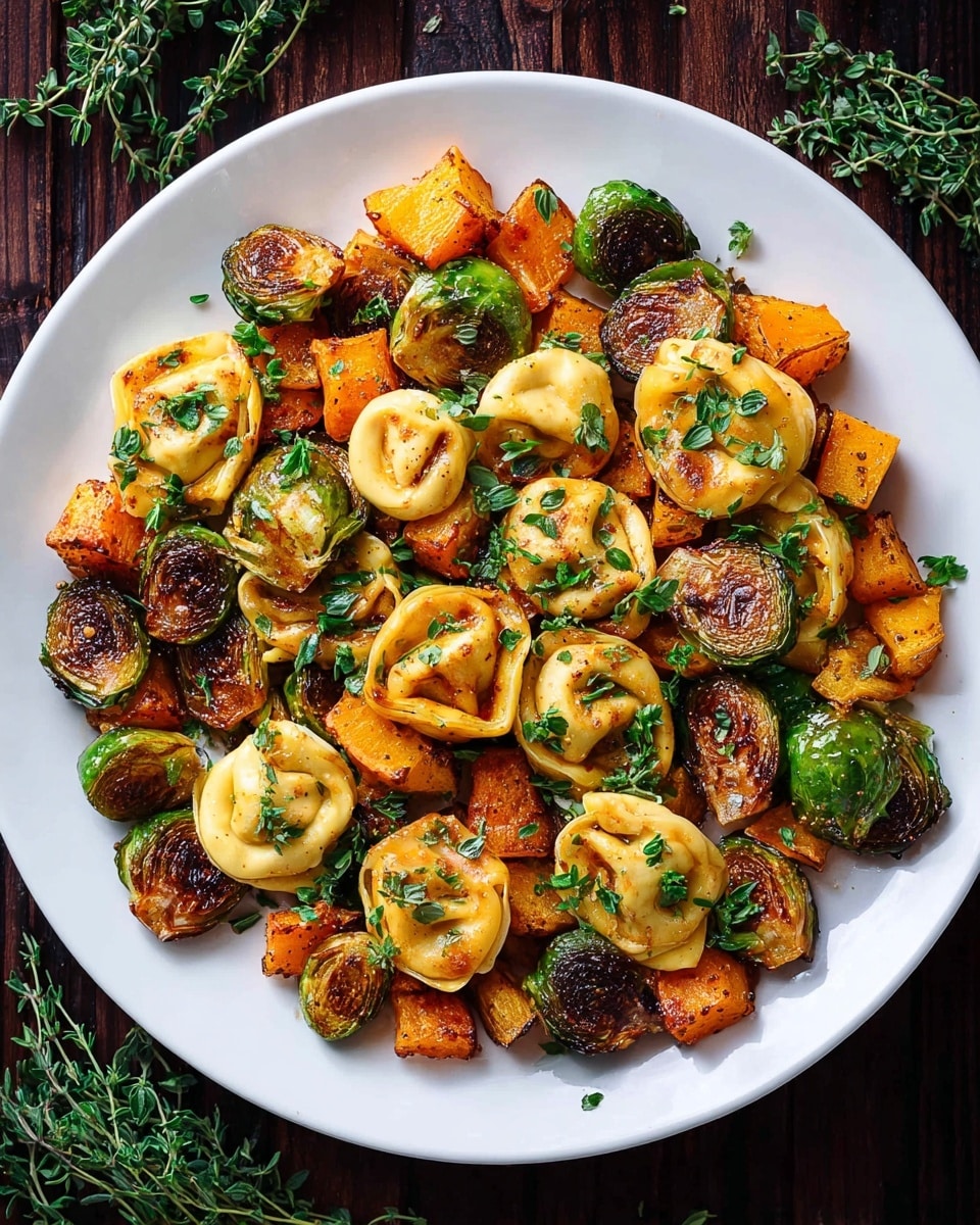 A white plate filled with a colorful mix of roasted vegetables and tortellini on top, all scattered evenly. The bottom layer is bright orange roasted cubes with a slightly soft texture. Above are dark green roasted Brussels sprouts with browned spots. On top are folded, plump, light yellow tortellini pieces with brown grill marks. Small green herb leaves are scattered across the dish, adding fresh color. The setting shows a few herb sprigs on a white marbled surface around the plate. photo taken with an iphone --ar 4:5 --v 7