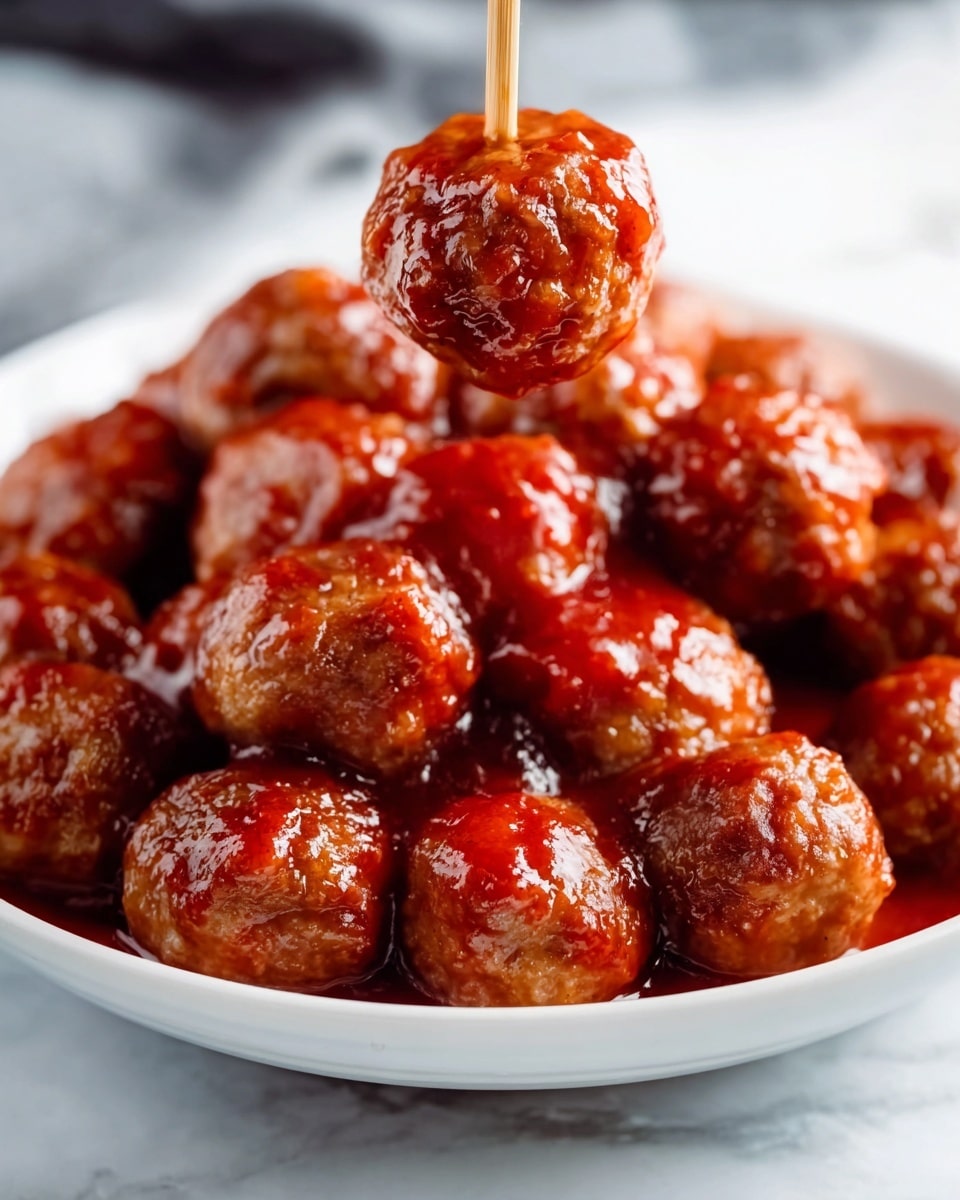 The image shows a close-up of many round meatballs covered in a shiny red sauce, sitting in a white bowl. In the center, a single meatball is being held up by chopsticks from a woman's hand, with the sauce dripping slightly to show its sticky texture. The meatballs are browned with a slightly rough and crispy outer layer under the glossy sauce, making them look juicy and full of flavor. The background and surface have a white marbled texture that gives a clean and fresh look. Photo taken with an iphone --ar 4:5 --v 7