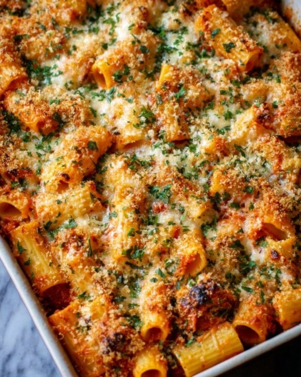 A close-up view of a rectangular baked pasta dish in a white baking tray, filled with rigatoni pasta tubes covered in melted golden-brown cheese, sprinkled with green herbs and breadcrumbs on top, giving a crispy texture. The pasta sauce is reddish with tomato and is visible between the pasta tubes, adding vibrant color to the dish. The cheese layer looks rich and slightly browned, while herbs add a fresh green touch. The white marbled surface underneath contrasts softly with the warm colors of the baked pasta photo taken with an iphone --ar 4:5 --v 7