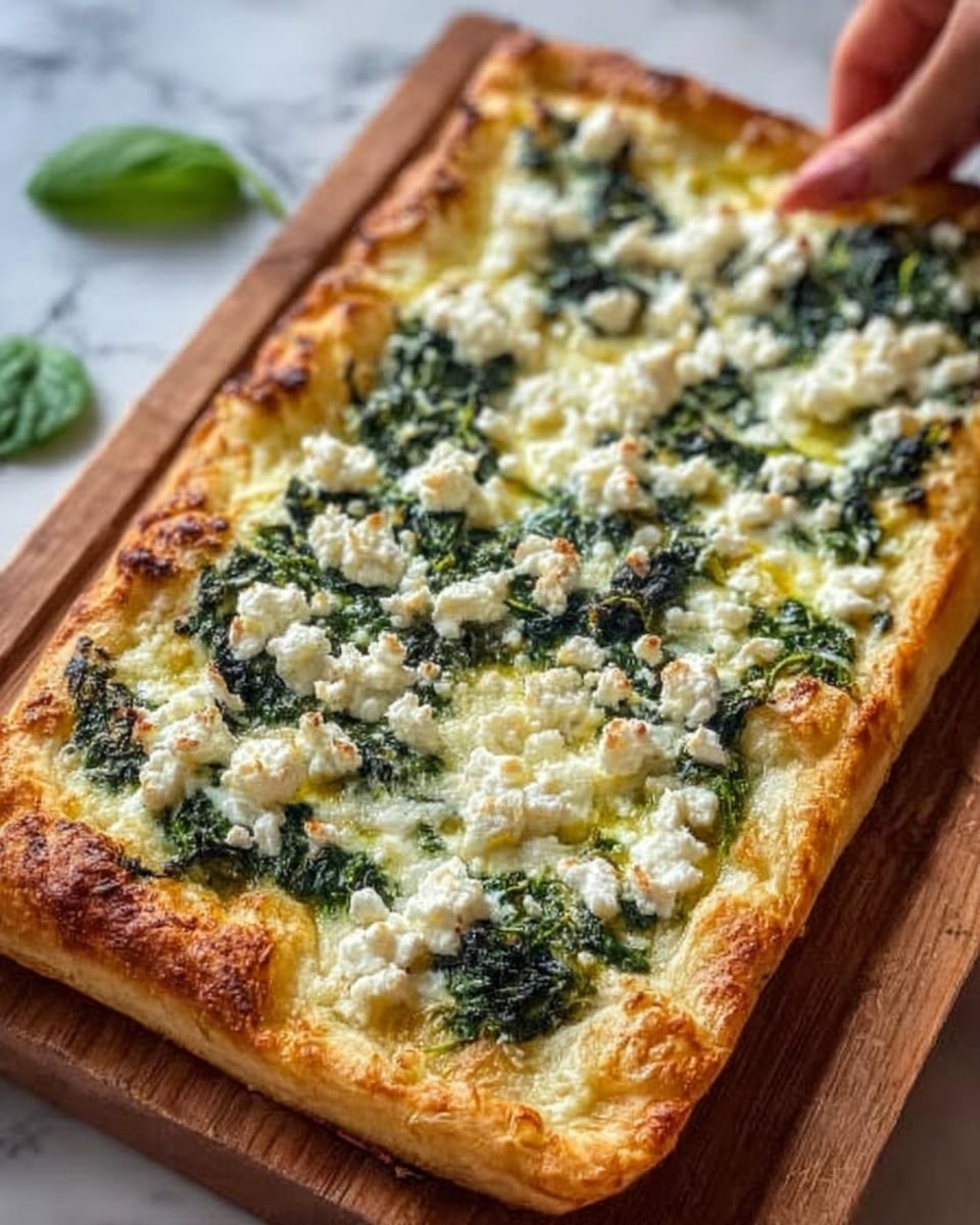 A white square pizza with a thick, golden-brown crust sits on a wooden board. The pizza has two main layers: a layer of melted, bubbly cheese that looks creamy and smooth, topped with a generous spread of cooked dark green spinach leaves scattered evenly. On top of the spinach, there are small chunks of white cheese crumbles, adding a soft texture and white contrast. The surface is slightly shiny with hints of oil, and a few fresh green basil leaves are placed on top as decoration. The background is a white marbled texture. photo taken with an iphone --ar 4:5 --v 7
