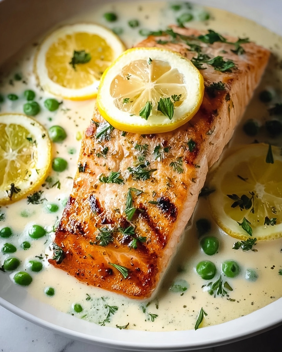 Two cooked salmon fillets with a crispy browned top layer sit in creamy sauce inside a white pan. Each fillet has a light pink and orange textured body with charred grill marks. The creamy sauce around them is light beige, thick, and smooth, dotted with whole green capers and finely chopped green herbs. Lemon wedges with bright yellow peel and pale flesh peek from beneath the fillets and sauce. The background is a white marbled texture. photo taken with an iphone --ar 4:5 --v 7