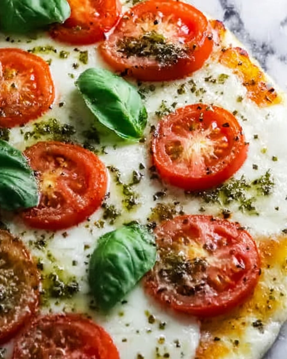 The image shows a close-up of a pizza with one visible layer of melted white cheese spread evenly on the base. On top of the cheese, there are many red tomato slices with a juicy texture, scattered evenly. Bright green basil leaves are placed between the tomato slices, adding contrast. The pizza surface is sprinkled with small bits of green herbs and black pepper. The background is a white marbled texture. Photo taken with an iphone --ar 4:5 --v 7