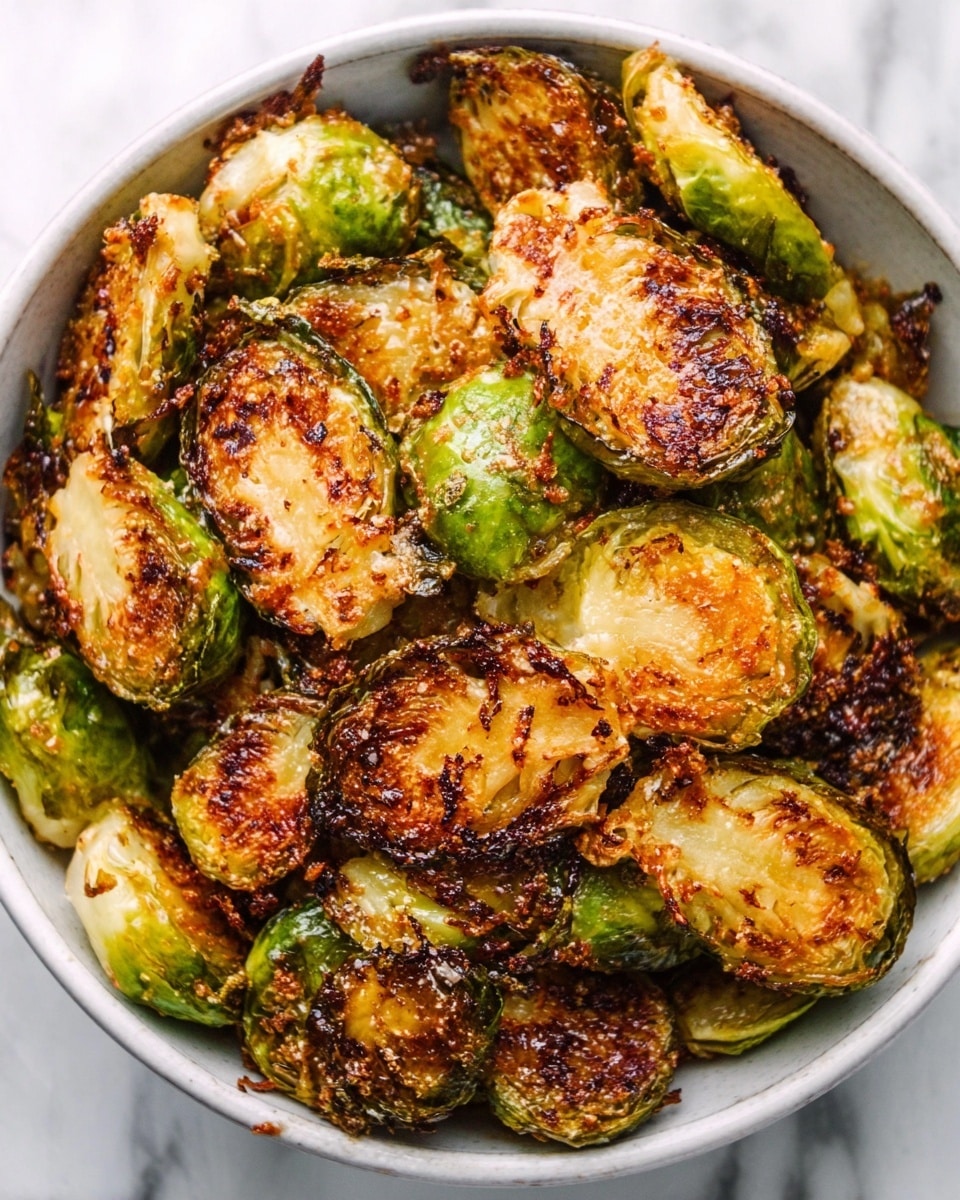 The image shows a white bowl filled with roasted Brussels sprouts cut in halves, each piece is golden brown with crispy edges and some charred spots. The Brussels sprouts are stacked unevenly, showing layers of crunchy outer leaves with a slightly green and soft inner part. The bowl is placed on a white marbled surface. Photo taken with an iphone --ar 4:5 --v 7