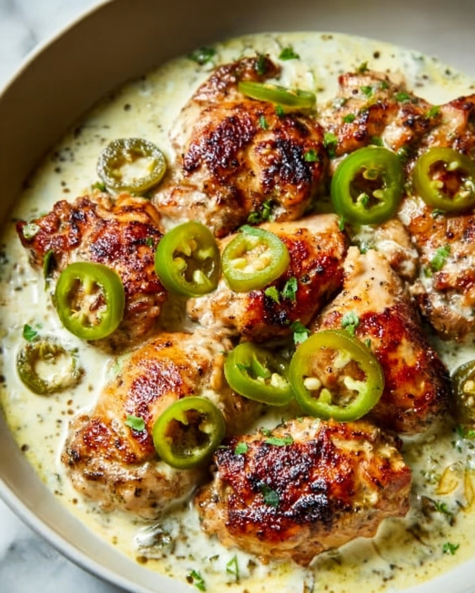 The dish shows several pieces of golden brown grilled chicken with crispy skin, arranged on a shallow layer of creamy white sauce dotted with specks of herbs. Thin slices of light green jalapeños are scattered evenly across the sauce and chicken pieces. The chicken pieces have a slightly rough texture with some charred spots, giving them a juicy and cooked look. The whole setup is on a white plate placed on a white marbled surface. photo taken with an iphone --ar 4:5 --v 7