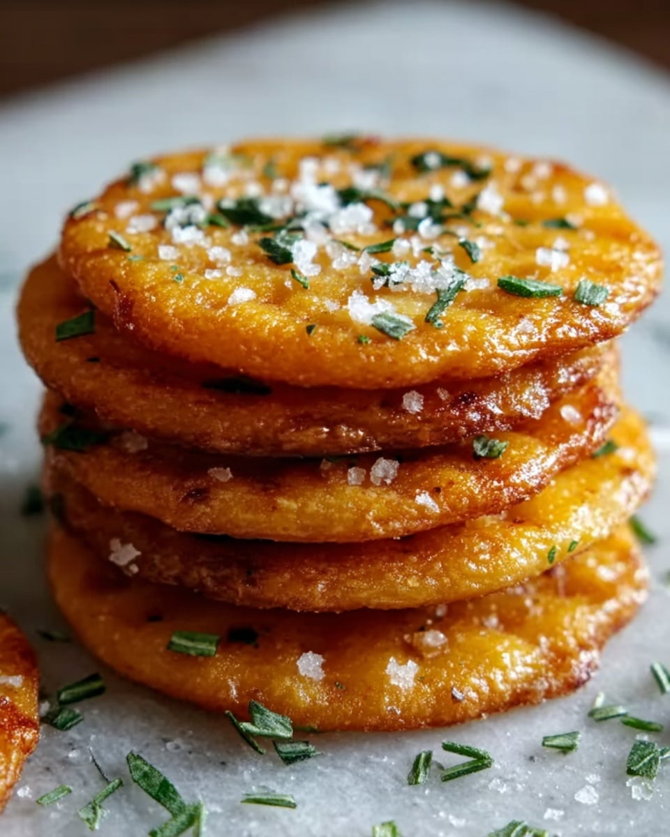 The image shows a stack of five round golden crackers with a slightly shiny, buttery surface. The crackers are sprinkled with coarse salt flakes and small pieces of green parsley, which add texture and color contrast. The edges of the crackers are slightly browned, showing a crispy texture. The stack rests on a white marbled surface, and the photo is taken up close, focusing on the detailed texture and toppings. photo taken with an iphone --ar 4:5 --v 7