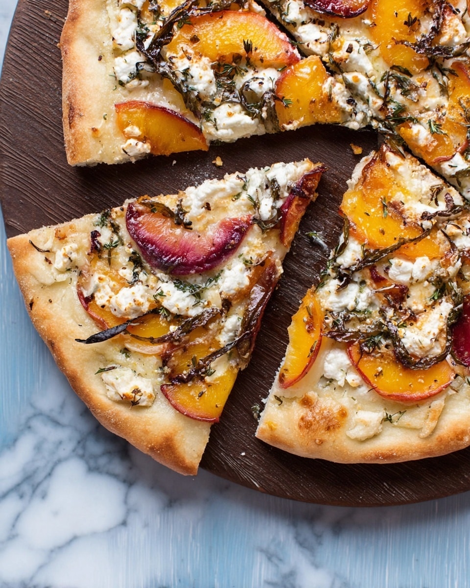 A round pizza with a thick, golden-brown crust sits on a dark pizza stone placed on a white marbled surface. The pizza is cut into slices, with one slice slightly separated from the rest. The toppings show several layers: a base layer of white melted cheese spreads unevenly across the crust, then a layer of thinly sliced orange and red peaches or nectarines arranged close together, followed by a sprinkling of fresh green basil leaves scattered on top. Small chunks of creamy white cheese are unevenly spread over everything, adding texture and color contrast. The crust edges look soft with a slight crispness from baking. Photo taken with an iphone --ar 4:5 --v 7