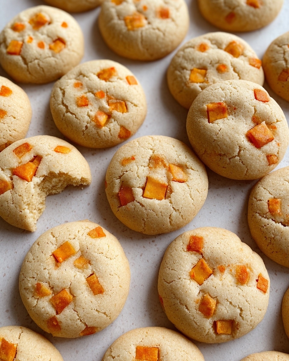 This image shows many round cookies arranged closely on a white marbled surface. Each cookie has a smooth, slightly cracked light beige top with small orange square pieces embedded evenly on the surface. The cookies are thick with a soft texture visible, and one cookie near the center is broken, revealing a dense inside. The overall look is warm and inviting, with the orange pieces adding a pop of color. Photo taken with an iphone --ar 4:5 --v 7