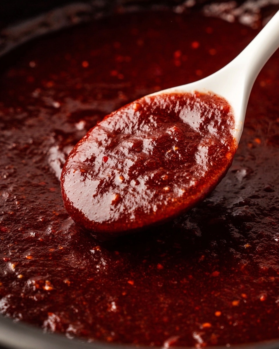 A close-up image of a white spoon filled with thick, rich, dark red sauce that looks smooth and glossy with small chunks and a slightly sticky texture. The spoon is resting inside a pot full of the same dark red sauce, which has a wet and shiny surface. The background shows the edge of the pot around the sauce. photo taken with an iphone --ar 4:5 --v 7