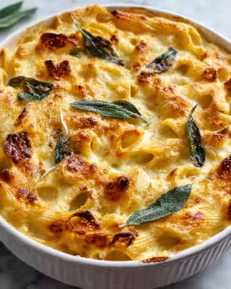 A white round dish filled with a baked casserole featuring three visible layers: the bottom layer is creamy and light yellow, the middle layer shows soft pasta tubes covered in a bubbly golden cheese sauce, and the top layer is sprinkled with fresh green sage leaves and browned crispy cheese spots. The casserole has a textured surface with small ridges and melted cheese forming a slightly crusty top, and a white marbled surface can be seen around the dish. photo taken with an iphone --ar 4:5 --v 7